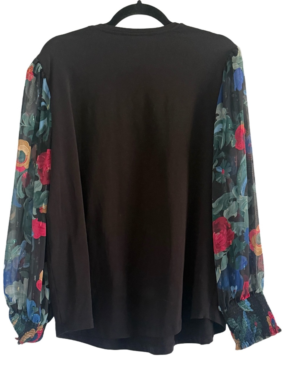 Chico's Black V-Neck Top with Multicolor Floral Sheer Sleeves XL - Picture 7 of 8